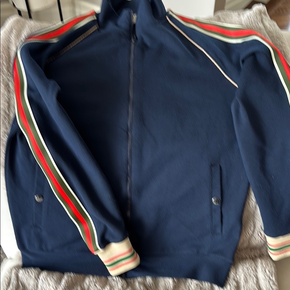 Navy Sweater with Striped Accents
